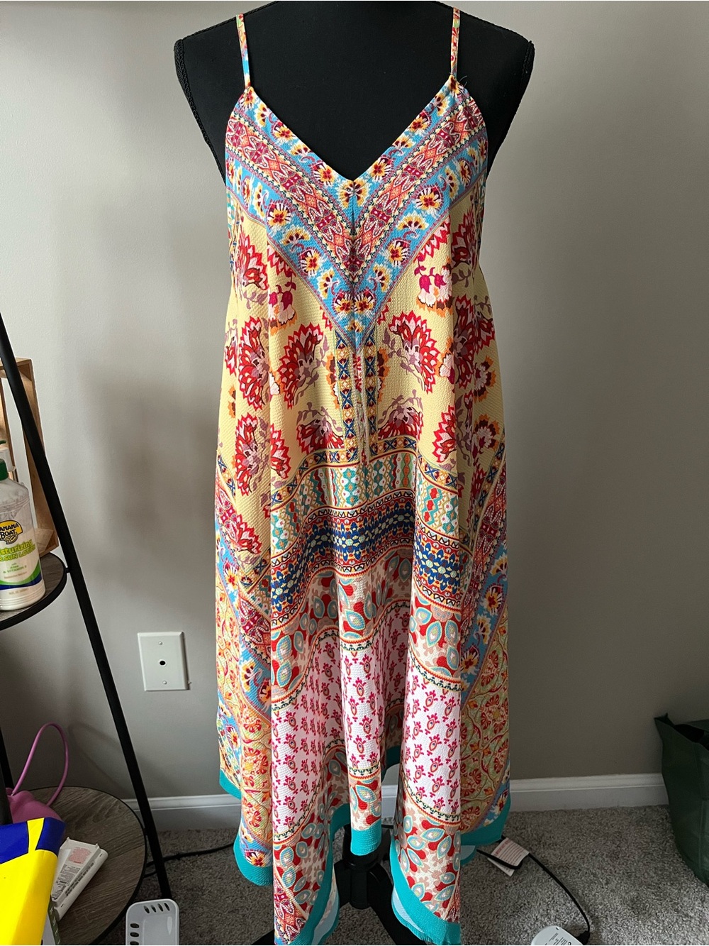Umgee Yellow & Turquoise Paisley Asymmetrical Maxi Dress